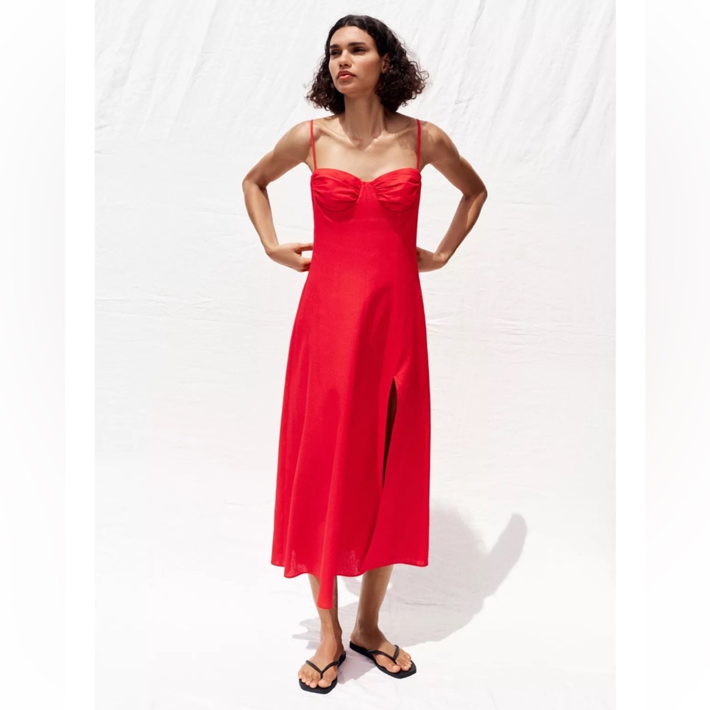 Zara Red Linen Midi Dress